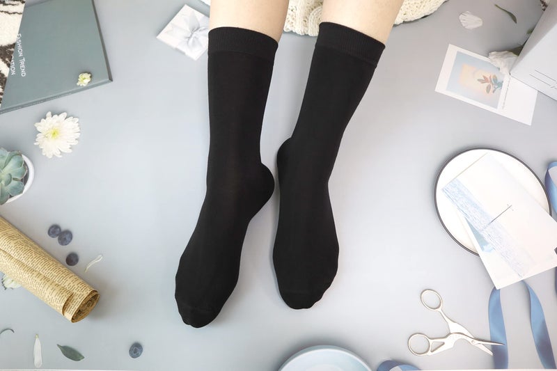 SERISIMPLE Women's Soft Thin Viscose Bamboo Crew Socks, Fit Stretchy Casual, Business, Dress Calf Sock 5 Pairs (US, Alpha, Large, Regular, Regular, Black) - Image 5